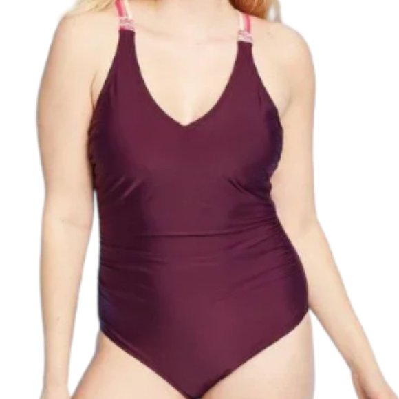 KONA SOL Macrame Straps High Coverage One Piece Swimsuit AFK71 Burgundy Medium - Picture 5 of 15